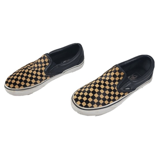 Vans Classic Slip On Calf Hair Tan Checkerboard Sneakers Men's Size 8.5 Womens 9 - Picture 3 of 10